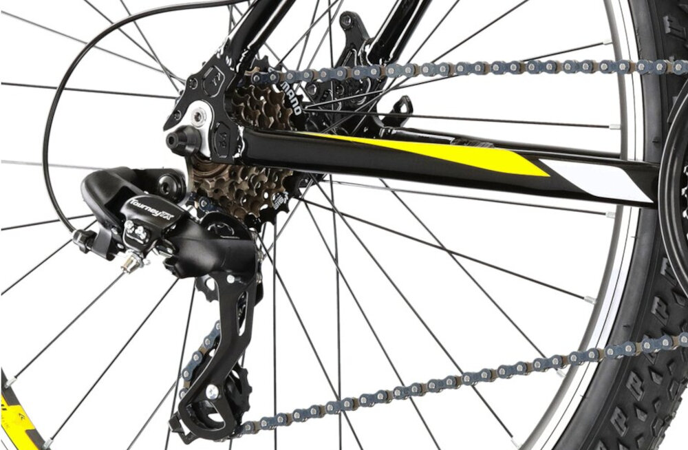 Rower górski MTB KROSS Hexagon 1.0 M21 26 cali męski Czarno-żółty 21 przelozen przednia i tylna przerzutka SHIMANO Tourney przezutki SHIMANO duza wytrzymalosc precyzyjne dzialanie plynna bezproblemowa zmiana biegow