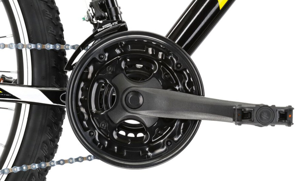 Rower górski MTB KROSS Hexagon 1.0 M21 26 cali męski Czarno-żółty lekka wydajna konstrukcja korby Weel Top typu 24/34/42 x 170mm wolnobieg SUNRACE typu MFM2A.7DS0.2S5.OE niezrownana solidnosc wytrzyma bardzo duzy nacisk na pedaly