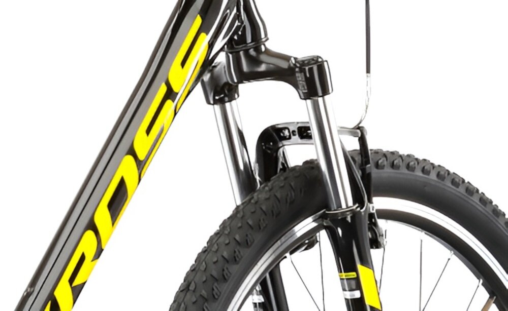 Rower górski MTB KROSS Hexagon 1.0 M21 26 cali męski Czarno-żółty rower typu hardtail przedni amortyzator KROSS ze skokiem 80 mm niweluje wstrzasy do jazdy na nierownej wyboistej nawierzchni