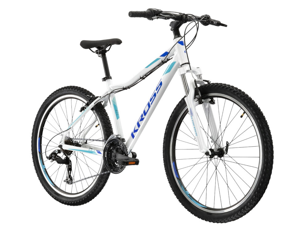 Rower górski MTB KROSS Lea 1.1 D13 26 cali damski Biało-niebieski do jazdy rekreacyjnej dla kobiet szybki wygodny pojazd zwrotny latwo wchodzi w najtrudniejsze zakrety