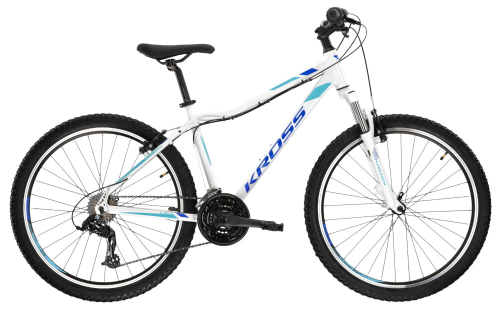 Rower górski MTB KROSS Lea 1.1 D13 26 cali damski Biało-niebieski rama 13-calowa z wysokiej jakosci stopu aluminium 6061 wysoka sztywnosc odpornosc na zlamania i przeciazenia pomalowana metoda proszkowa lakier bardzo wytrzymaly odporny na uszkodzenia mechaniczne rama odporna na korozje wybor rozmiaru ramy Twoj wzrost mierzony w zrelaksowanej pozycji typ roweru dla osob o wzroscie od 137 do 153 cm