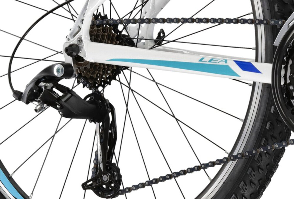 Rower górski MTB KROSS Lea 1.1 D13 26 cali damski Biało-niebieski 21 przelozen przerzutki SHIMANO Tourney przednia i tylna duza wytrzymalosc precyzyjne dzialanie plynna bezproblemowa zmiana biegow