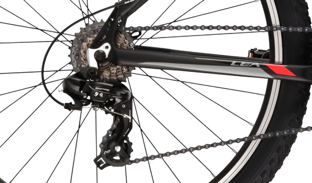 Rower górski MTB KROSS Lea 1.1 D13 26 cali damski Czarno-malinowy 21 przelozen przerzutki SHIMANO Tourney przednia i tylna duza wytrzymalosc precyzyjne dzialanie plynna bezproblemowa zmiana biegow