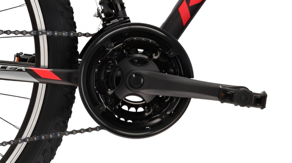 Rower górski MTB KROSS Lea 1.1 D13 26 cali damski Czarno-malinowy lekka wydajna konstrukcja korby Weel Top 24-34-42 x 170 mm wolnobieg SUNRACE typu MFM2A.7DS0.2S5.OE niezrownana solidnosc wytrzyma bardzo duzy nacisk na pedaly