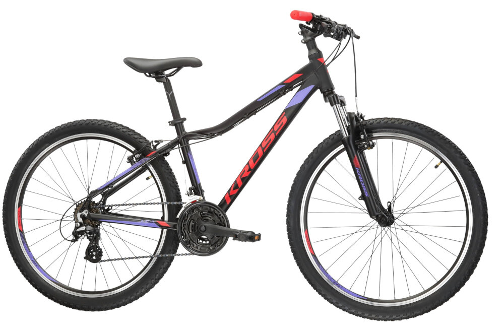 Rower górski MTB KROSS Lea 2.0 D15 26 cali damski Czarno-malinowy rama 15-calowa z wysokiej jakosci stopu aluminium 6061 wysoka sztywnosc odpornosc na zlamania i przeciazenia pomalowana metoda proszkowa lakier bardzo wytrzymaly odporny na uszkodzenia mechaniczne rama odporna na korozje wybor rozmiaru ramy Twoj wzrost mierzony w zrelaksowanej pozycji typ roweru dla osob o wzroscie od 154 do 165 cm