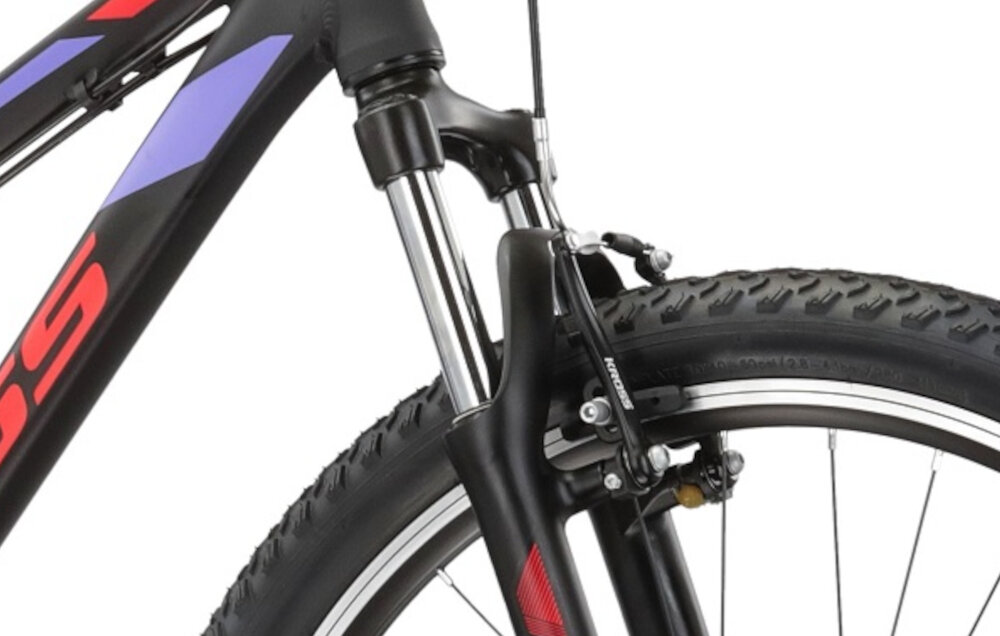 Rower górski MTB KROSS Lea 2.0 D15 26 cali damski Czarno-malinowy rower typu hardtail przedni amortyzator ZOOM typu Forgo 565 ze skokiem 80 mm niweluje wstrzasy do jazdy na nierownej wyboistej nawierzchni