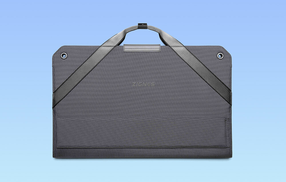 Panel solarny DJI Zignes 120W, zasilanie, moc znamionowa, napięcie obwodu, prąd zwarciowy, Na zdjęciu w niebieskim tle panel złożony w formę walizki z rękojęścią