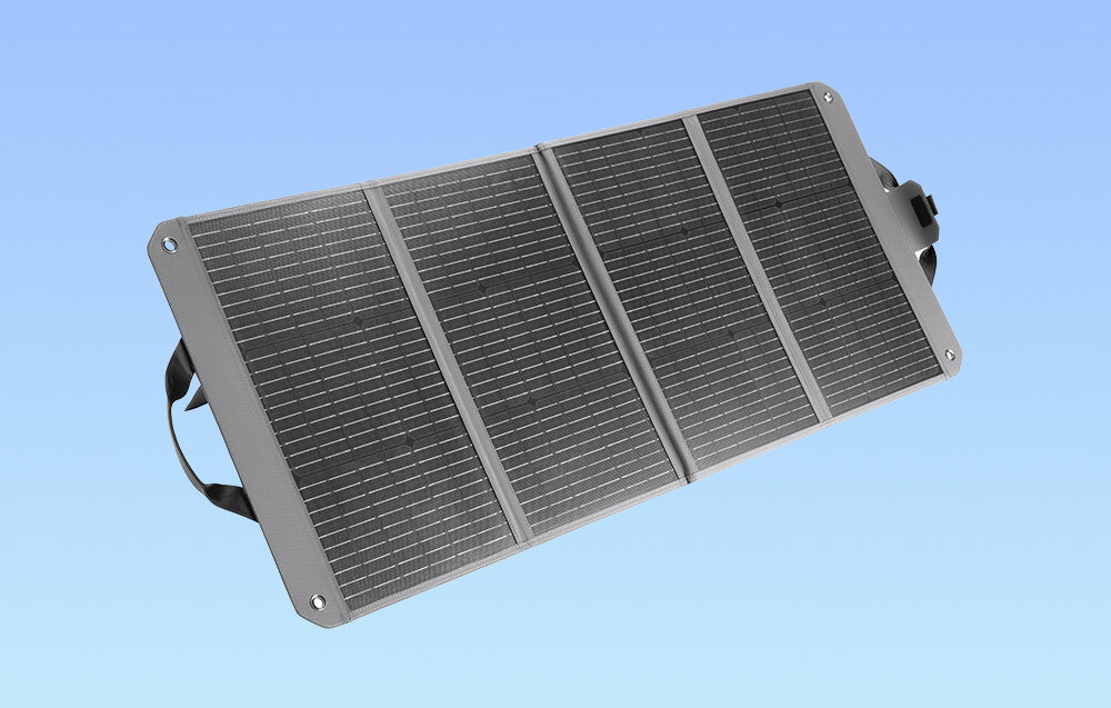 Panel solarny DJI Zignes 120W, kontrukcja, transport, przechowanie, rozmiar, Zdjęcie na niebieskiem tle, panel w pełni rozłożony, rozpięty