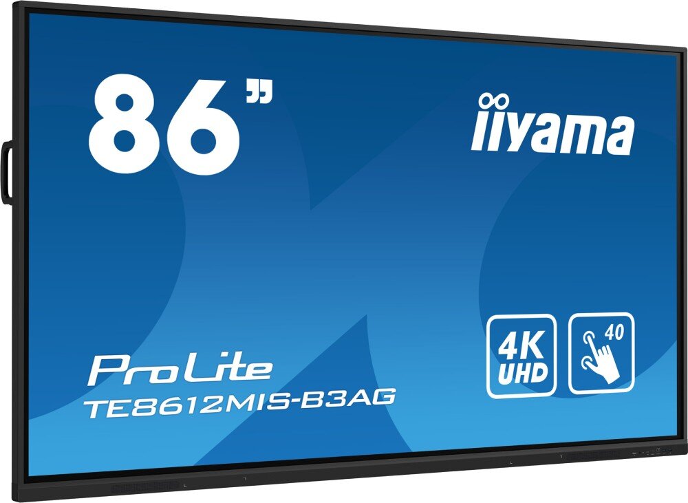 Monitor IIYAMA ProLite TE8612MIS-B3AG Duży ekran z czarną ramą i niebieskim tłem wyświetlającym logo marki, przekątną 86 cali oraz oznaczenia 4K UHD i dotykową obsługę 40 punktów, przekątna, obraz, rozdzielczość, matryca