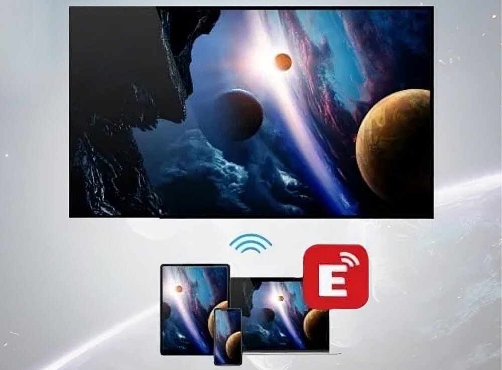 Monitor IIYAMA ProLite TE8612MIS-B3AG Grafika przedstawiająca duży ekran wyświetlający obraz kosmosu, poniżej trzy urządzenia – tablet, smartfon i laptop – połączone bezprzewodowo z ekranem, przesyłanie obrazu, technologie