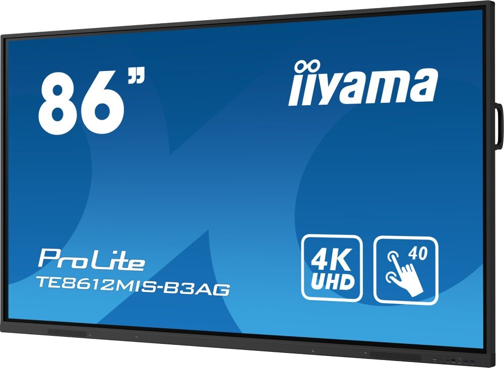 Monitor IIYAMA ProLite TE8612MIS-B3AG Duży ekran z niebieskim tłem, logo marki, przekątną 86 cali i oznaczeniami 4K UHD oraz obsługą dotykową 40 punktów, podświetlenie, jasność, czujnik światła, kontrast