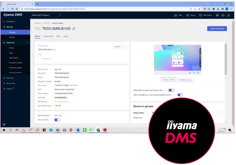 Monitor IIYAMA ProLite TE8612MIS-B3AG Zrzut ekranu z systemu zarządzania urządzeniami, pokazujący interfejs z informacjami o modelu, ustawieniami i funkcjami zarządzania, narzędzia, kontrola