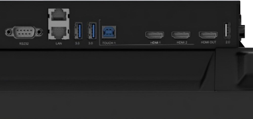 Monitor IIYAMA ProLite TE8612MIS-B3AG Zbliżenie na panel z różnymi portami, w tym LAN, USB, HDMI oraz złączem RS-232, gniazda, podłączenie