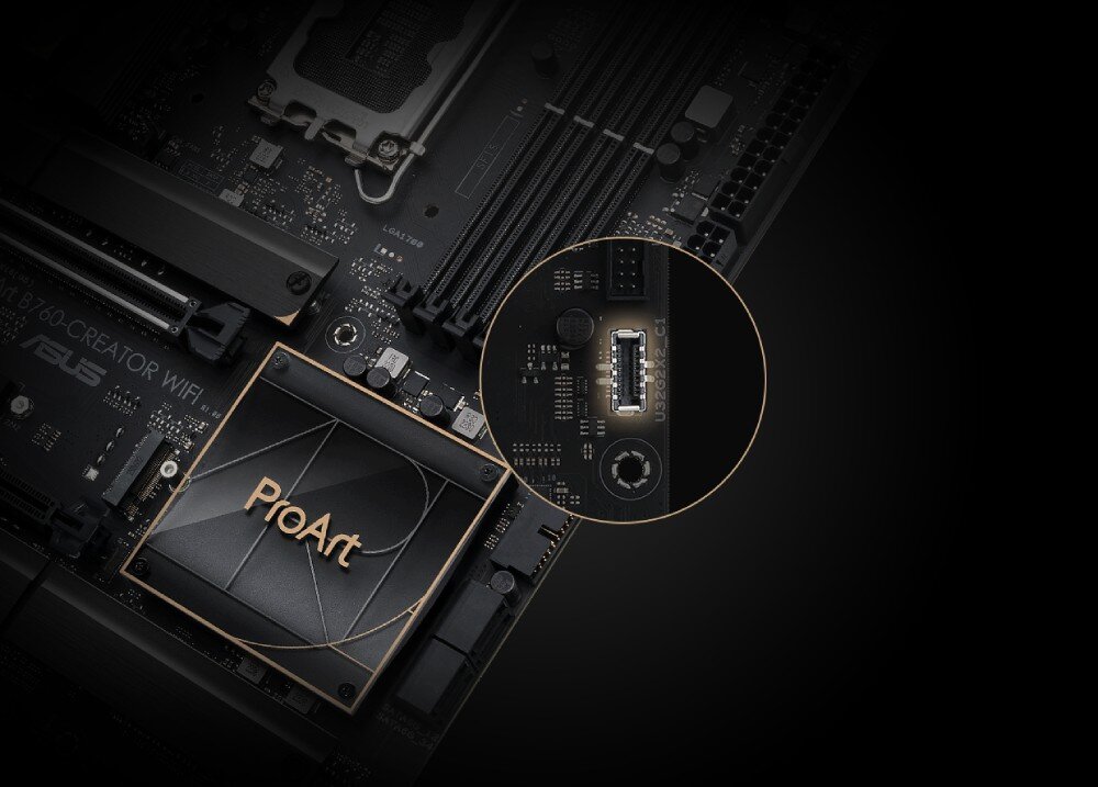 Płyta główna ASUS ProArt B760-Creator WiFi Zbliżenie na wewnętrzny nagłówek USB 3.2 Gen 2x2 na tle osłony chipsetu z napisem ProArt, port USB-C, przepustowość, moc ładowania