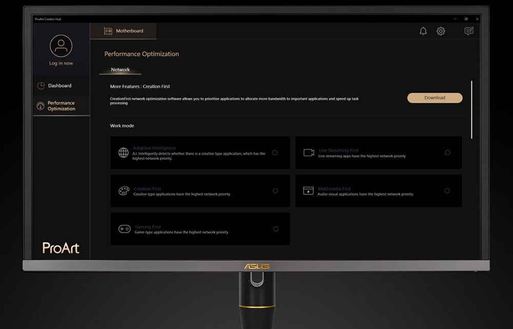 Płyta główna ASUS ProArt B760-Creator WiFi Monitor wyświetlający interfejs aplikacji do optymalizacji sieci z sześcioma trybami pracy, takimi jak 'Creation First', 'Gaming First' i 'Live Streaming First, aplikacja, narzędzia, funkcje