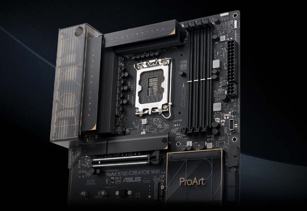 Płyta główna ASUS ProArt B760-Creator WiFi Zbliżenie na górną część płyty z widocznym gniazdem procesora, czterema slotami RAM i osłoną z napisem 'ProArt' na radiatorze sekcji zasilania, format, wielkość, kompatybilność, procesory, układ zasilania