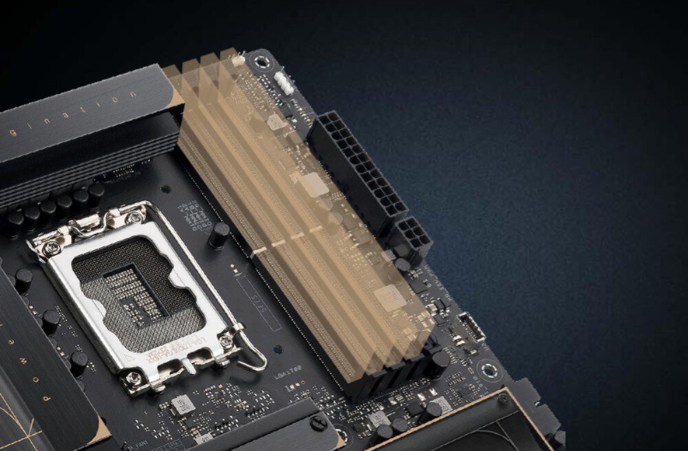 Płyta główna ASUS ProArt B760-Creator WiFi Zbliżenie na cztery sloty pamięci RAM umieszczone obok gniazda procesora, zaznaczone półprzezroczystym efektem graficznym, obsługa pamięci DDR5, funkcje, podkręcenie