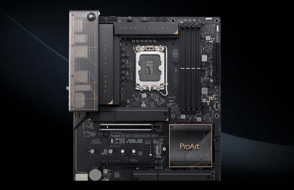 Płyta główna ASUS ProArt B760-Creator WiFi Zdjęcie płyty głównej z centralnie umieszczonym gniazdem procesora i oznaczeniami slotów, logo ProArt widoczne w dolnej części, wytrzymałość, testy