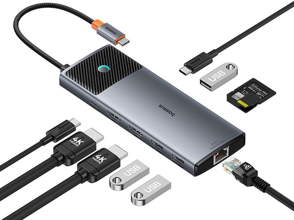 Hub BASEUS Metal Gleam Series II 10w1 USB Typu C, Pasywny Szary Internet sieć Ethernet