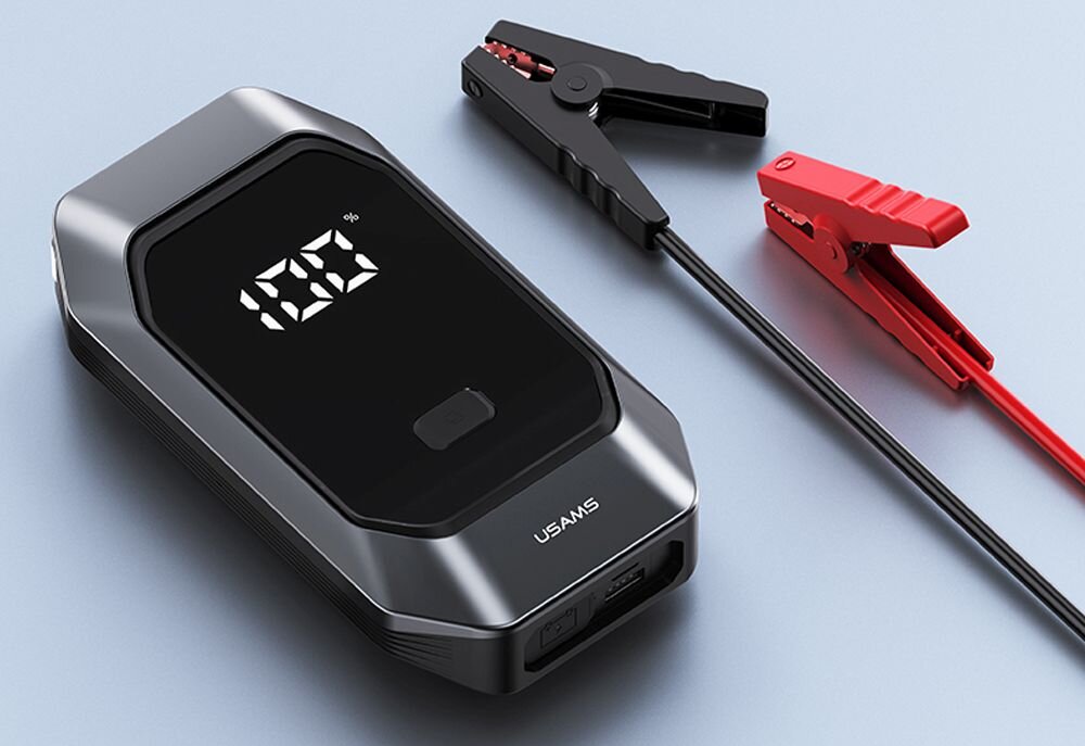 Powerbank USAMS Jumpstarter US-ZB284 8000 mAh trwały materiał jakość bezpieczeństwo użytkownik dwa kable czerwony czarny powerbank