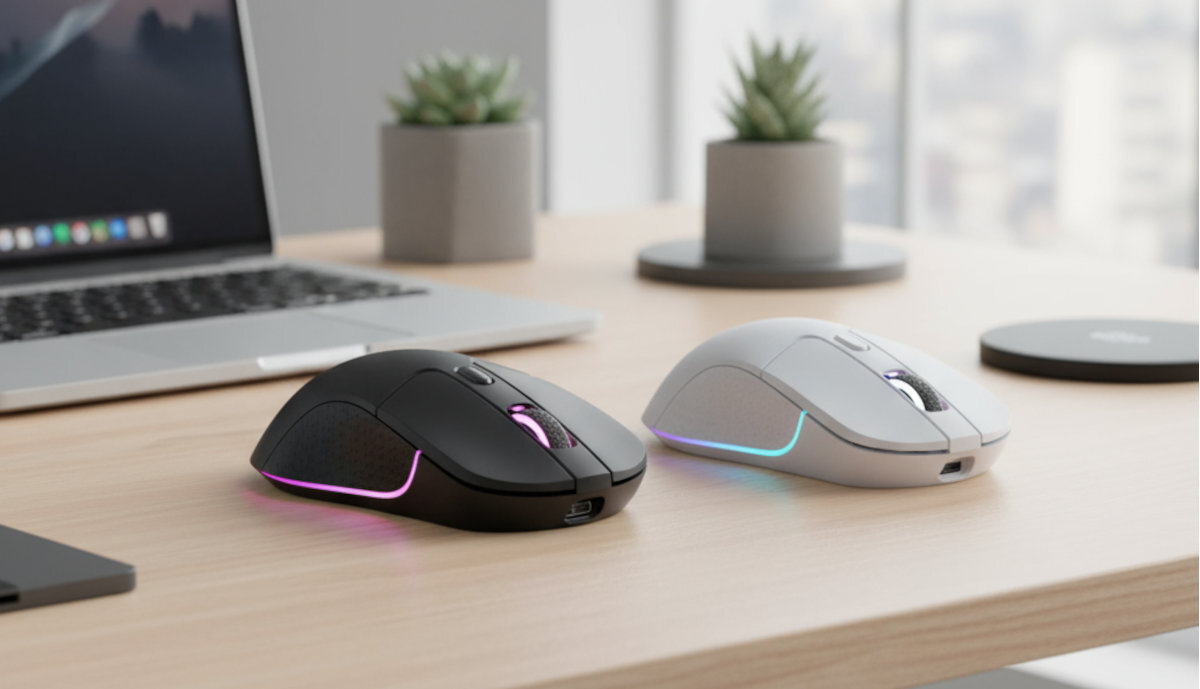 KEYCHRON M3 dwóch wersjach kolorystycznych: czarnej oraz białej stylowo i estetycznie - Czarna i biała mysz z podświetleniem obok siebie na jasnym drewnianym biurku, w tle laptop