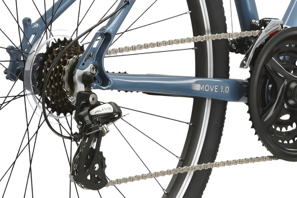 Rower crossowy KROSS Move 1.0 D17 damski Niebieski przerzutki renomowanej marki SHIMANO duza wytrzymalosc precyzyjne dzialanie przednia przerzutka SHIMANO Tourney tylna przerzutka SHIMANO Altus technologia Shadow