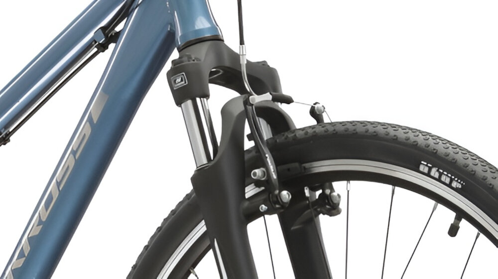 Rower crossowy KROSS Move 1.0 D17 damski Niebieski rower typu hardtail przedni amortyzator marki SR Suntour NEX ze skokiem o wysokosci 63 mm ulatwia najezdzanie na przeszkody niweluje wstrzasy skok regulowany za pomoca pokretla na prawej goleni Speed Lockout