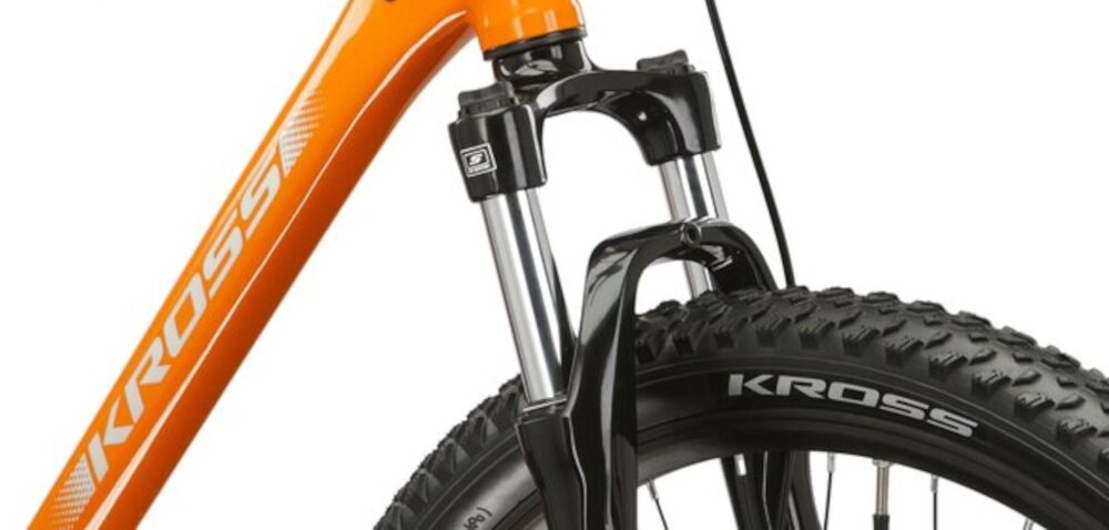 Rower górski MTB KROSS Berg 3.0 M19 27.5 cala męski Pomarańczowy rower typu hardtail przedni amortyzator SR Suntour typu XCE28 niweluje wstrzasy do jazdy na nierownej wyboistej nawierzchni