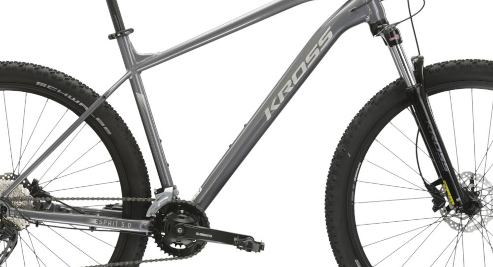 Rower górski MTB KROSS Esprit 5.0 M20 29 cali męski Grafitowy rama 20-calowa z wysokiej jakosci stopu aluminium 6061 wysoka sztywnosc odpornosc na zlamania i przeciazenia pomalowana metoda proszkowa lakier bardzo wytrzymaly odporny na uszkodzenia mechaniczne rama odporna na korozje wybor rozmiaru ramy Twoj wzrost mierzony w zrelaksowanej pozycji typ roweru dla osob o wzroscie od 178 do 184 cm