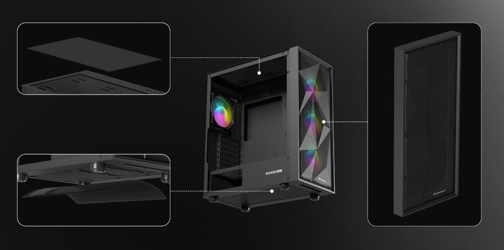 Obudowa GENESIS Diaxid 605 ARGB magnetycznym filtrom panel mesh około 0.8 mm bezpieczeństwo wydajność