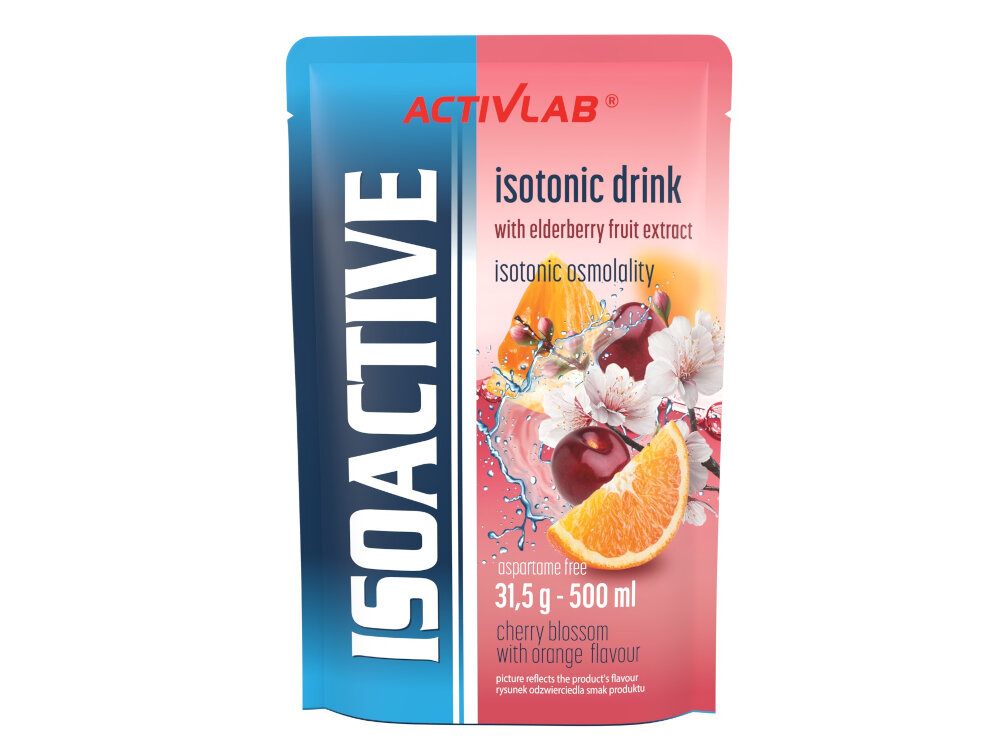 Izotonik ACTIVLAB Isoactive Kwiat wiśni z pomarańczą 20 szt. dla sportowcow i osob aktywnych fizycznie wspiera nawodnienie dostarcza niezbednych skladnikow odzywczych kompozycja weglowodanow elektrolitow mineralow sod potas wapn magnez
