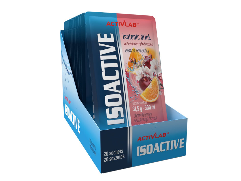 Izotonik ACTIVLAB Isoactive Kwiat wiśni z pomarańczą 20 szt. 20 saszetek porcja 31,5 g proszku rozpuscic w 500 ml wody niezbedne elektrolity wygodna do zabrania