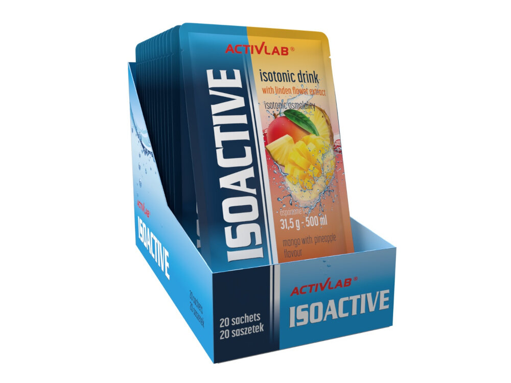 Izotonik ACTIVLAB Isoactive Mango z ananasem 20 szt. 20 saszetek porcja 31,5 g proszku rozpuscic w 500 ml wody niezbedne elektrolity wygodna do zabrania