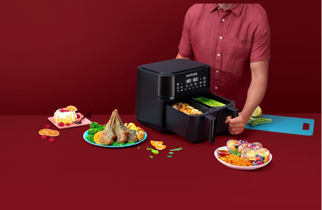 Frytkownica beztłuszczowa NUTRIBULLET Twin Drawer NBA081B Air Fryer z podwójnym koszem Duża moc wszechstronność suszenie składników wartości odżywcze