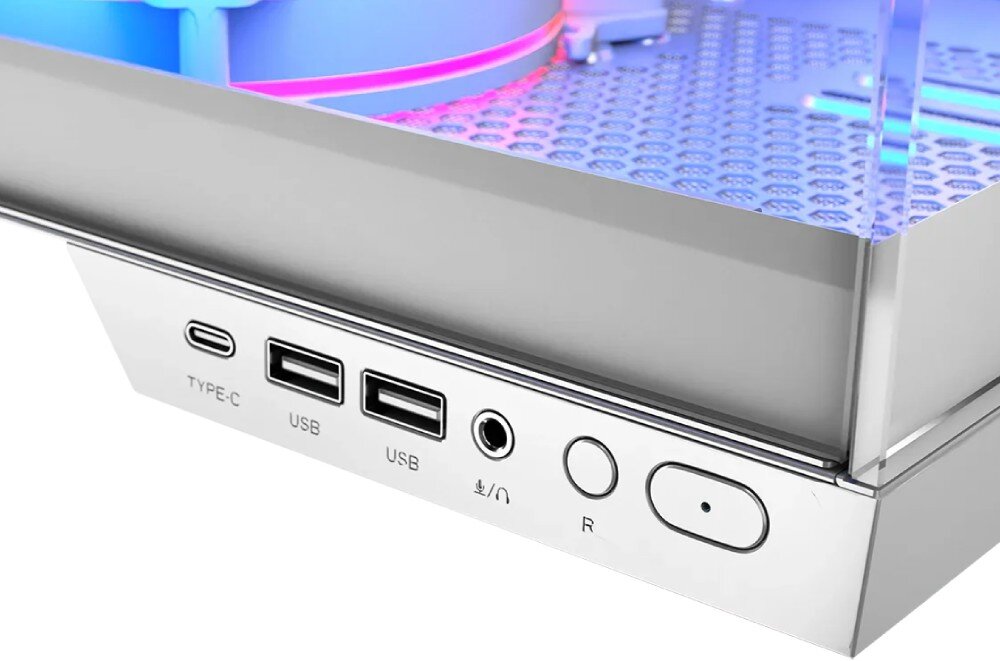 Obudowa MODECOM Volcano Panorama Apex ARGB 7F Midi Biały panel boczny złącza porty przycisk