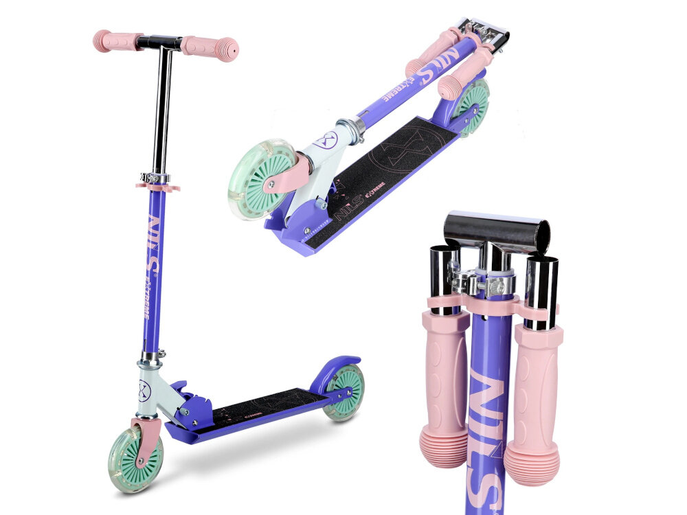 Hulajnoga NILS EXTREME HD120L Fioletowy hulajnoga widoczna od przodu po skosie złożona i złożone rączki niepowtarzalny design funkcjonalność niezapomnianą frajdę z jazdy ergonomiczna konstrukca solidne materiały stal aluminium PVC PP dla dzieci i młodzieży fioletowa rozwój koordynacji ruchowej równowagi kondycji dziecka uniwersalny design dla dziewczynek i chłopców
