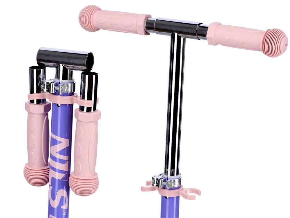 Hulajnoga NILS EXTREME HD120L Fioletowy kierownica rozłożona i ze złożonymi uchwytami regulacja kierownicy w zakresie 59-80 cm dostosowanie do wzrostu użytkowanika piankowe rączki chronią dłonie przed otarciami pewny chwyt możliwość złożenia rączek swobodne przenoszenie i przechowywanie