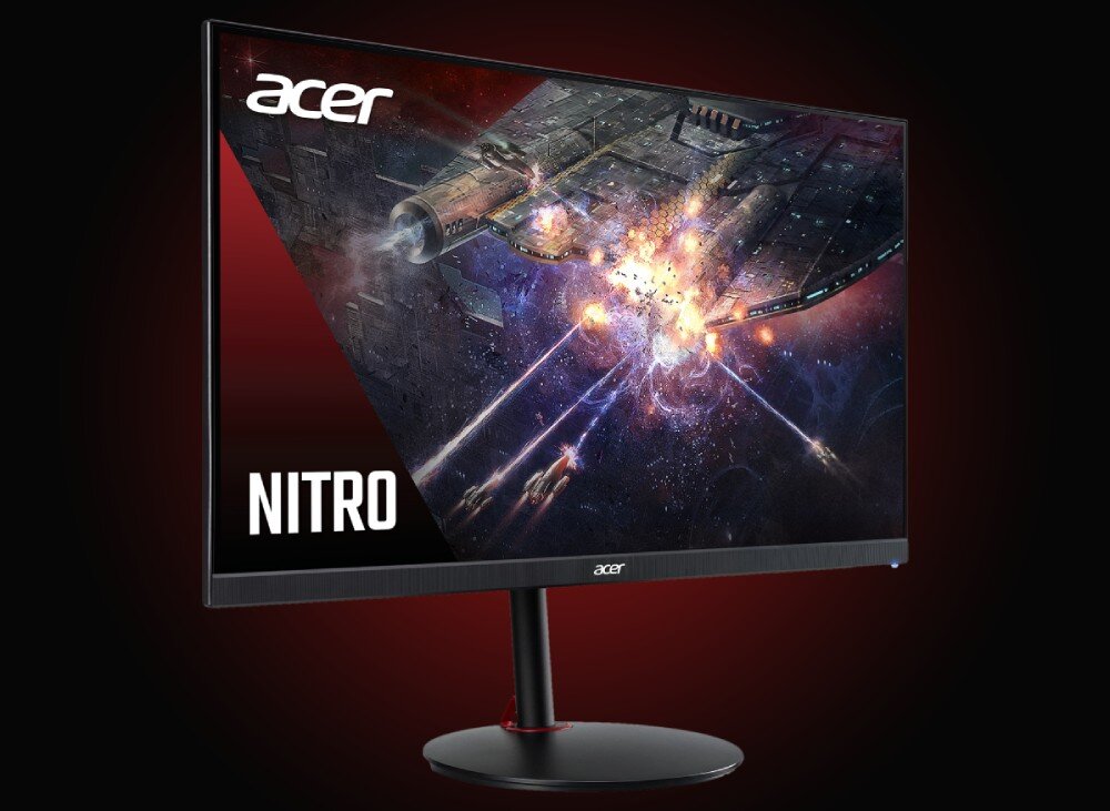 Monitor ACER Nitro XV272UV3BMIIPRX Monitor Acer Nitro z cienkimi ramkami, wyświetlający scenę kosmicznej bitwy z wybuchami i laserowymi pociskami, na tle czarno-czerwonego gradientu