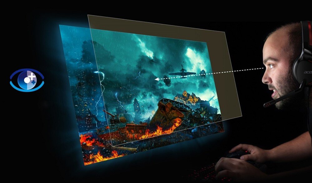 Monitor ACER Nitro XV272UV3BMIIPRX Wizualizacja technologii redukcji emisji światła niebieskiego. Gracz w słuchawkach patrzy na ekran z intensywnymi kolorami, a nałożona półprzezroczysta warstwa symbolizuje filtr ochronny dla oczu