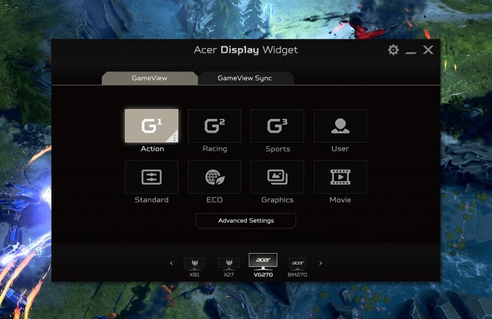 Monitor ACER Nitro XV272UV3BMIIPRX Interfejs Acer Display Widget, prezentujący dostępne tryby obrazu, w tym Action, Racing, Sports, ECO i Movie, na tle dynamicznej gry akcji