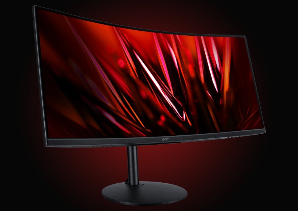 Monitor ACER Nitro XZ2 XZ342CUS3BMIIPPHX Zakrzywiony monitor gamingowy Acer z cienkimi ramkami i dynamiczną grafiką w czerwono-czarnej kolorystyce na ekranie