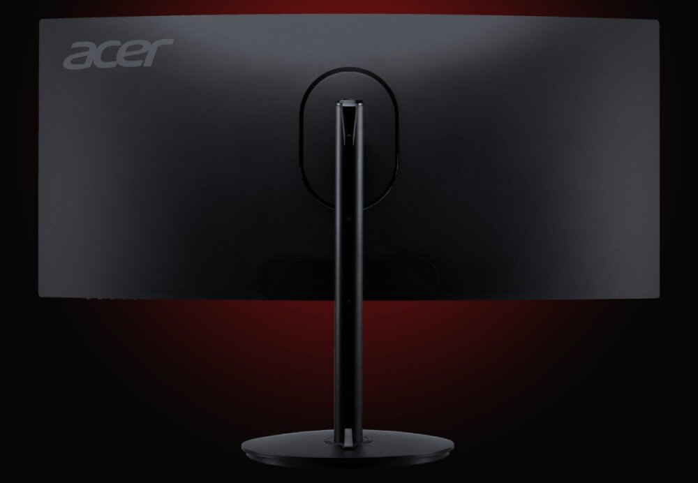 Monitor ACER Nitro XZ2 XZ342CUS3BMIIPPHX Widok tylnej części zakrzywionego monitora Acer, czarna obudowa z logo producenta na czerwonym tle