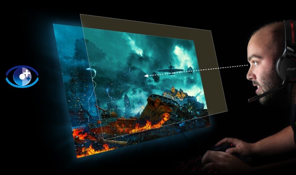 Monitor ACER Nitro XZ2 XZ342CUS3BMIIPPHX Grafika przedstawiająca technologię ochrony oczu w monitorze, ukazująca ekran gry oraz postać gracza w słuchawkach gamingowych