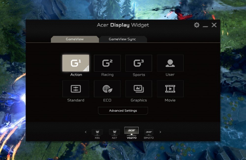 Monitor ACER Nitro XZ2 XZ342CUS3BMIIPPHX Zrzut ekranu z menu Acer Display Widget, prezentujący różne tryby wyświetlania, w tym tryby gry, filmu i oszczędzania energii