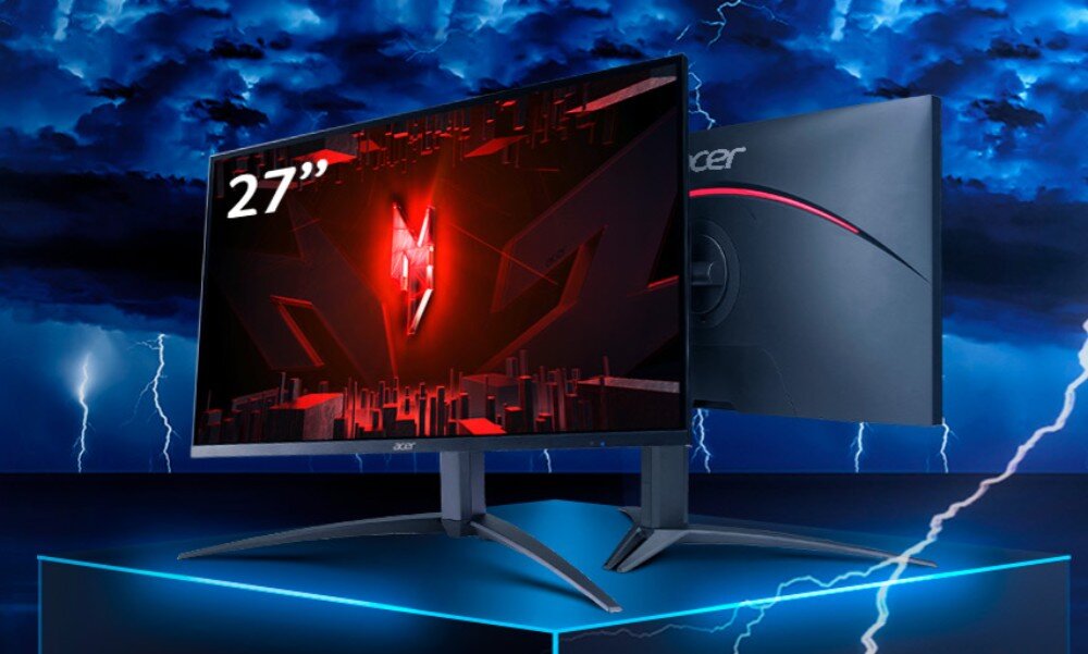 Monitor ACER Nitro XV275U P3 27 2560x1440px 170Hz 2 ms [GTG] dwa monitory stojące do siebie tyłem na ciemnym tle z burzą wygląd opis
