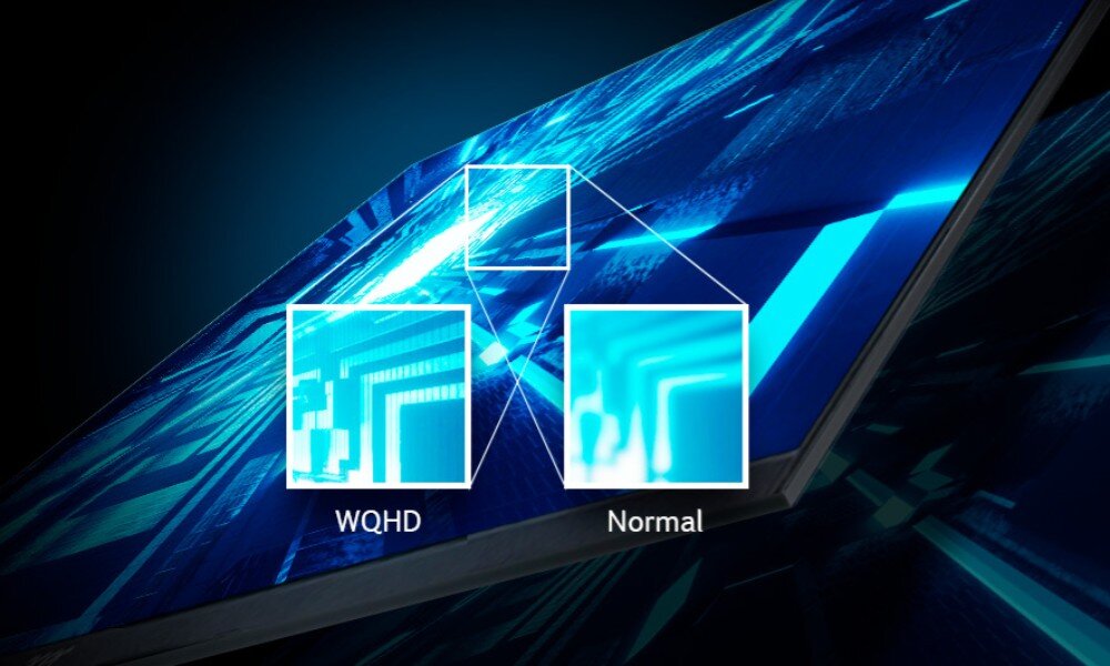 Monitor ACER Nitro XV275U P3 27 2560x1440px 170Hz 2 ms [GTG] zbliżenie na wyświetlacz z porównaniem rozdzielczości WQHD i normalnej jakość rozdzielczość kolory