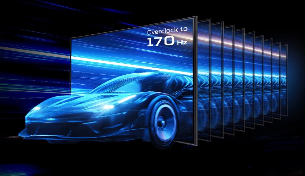 Monitor ACER Nitro XV275U P3 27 2560x1440px 170Hz 2 ms [GTG] grafika z samochodem wyjeżdżającym z ekranu z napisem 170 Hz w rogu płynność czas reakcji