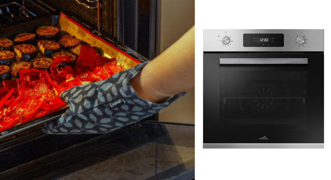 Piekarnik ETA Plus 178690000 Osoba wysuwa blachę z pieczonymi warzywami z wnętrza piekarnika. Po prawej stronie widoczny jest piekarnik ETA na jasnym tle design intuicyjne sterowanie eleganckie wzornictwo codzienne gotowanie