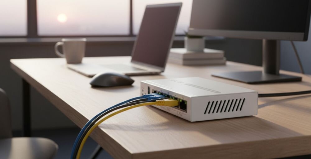 Na biurku znajduje się biały router z kilkoma podłączonymi kablami sieciowymi. W tle widoczne są dwa monitory, klawiatura i kubek.