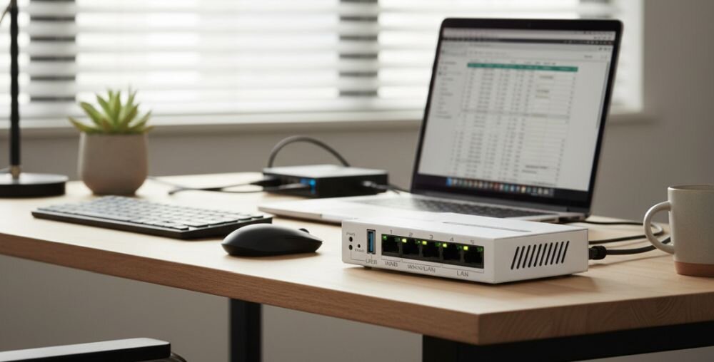 Na biurku znajduje się laptop z otwartym arkuszem kalkulacyjnym, obok którego stoi router z kilkoma świecącymi diodami. W tle widoczna jest klawiatura, myszka, roślina doniczkowa i kubek.